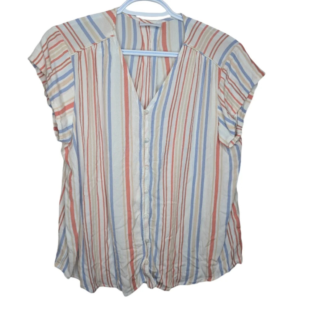 Liz Claiborne Women's V Neck Short Sleeve White Striped Button Down Blouse M
